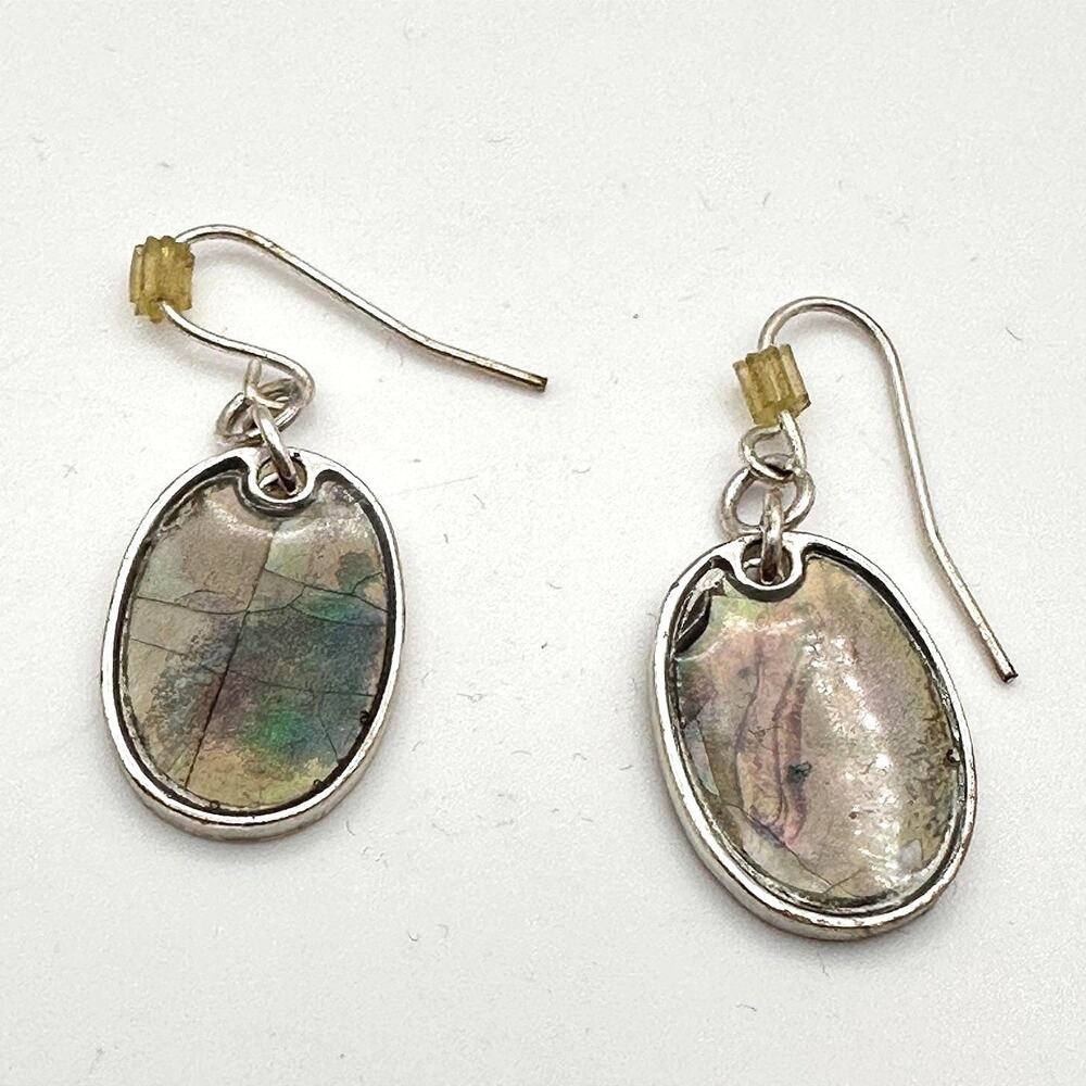 Vintage 90s Abalone Mother Of Pearl Oval Dangle Earrings Silver Tone Jewelry Y2K